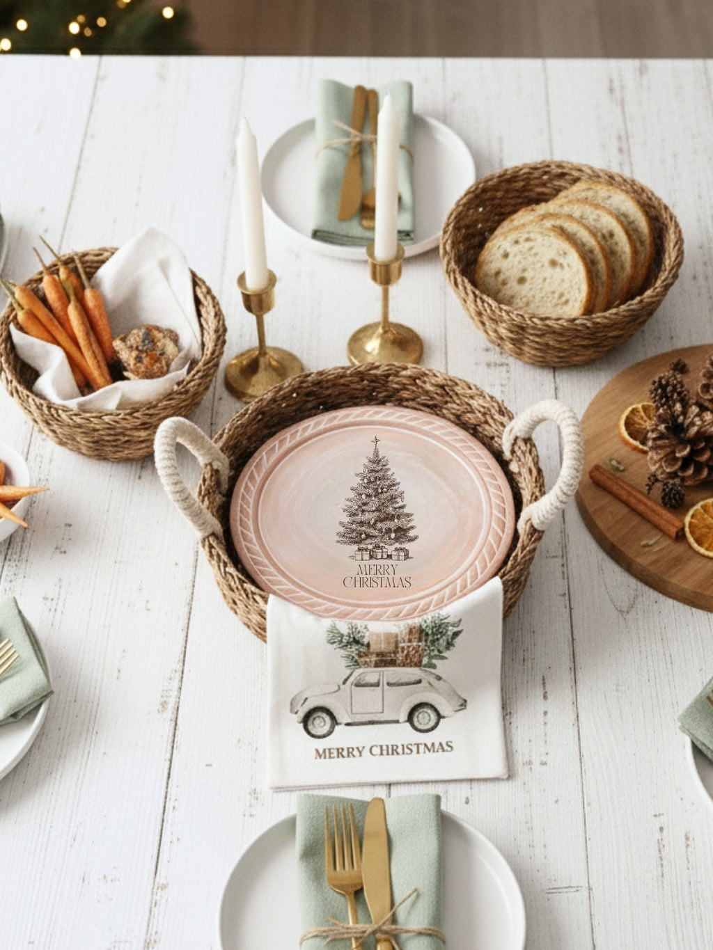 Bread Warmer & Basket Gift Set with Tea Towel - Christmas Tree Round