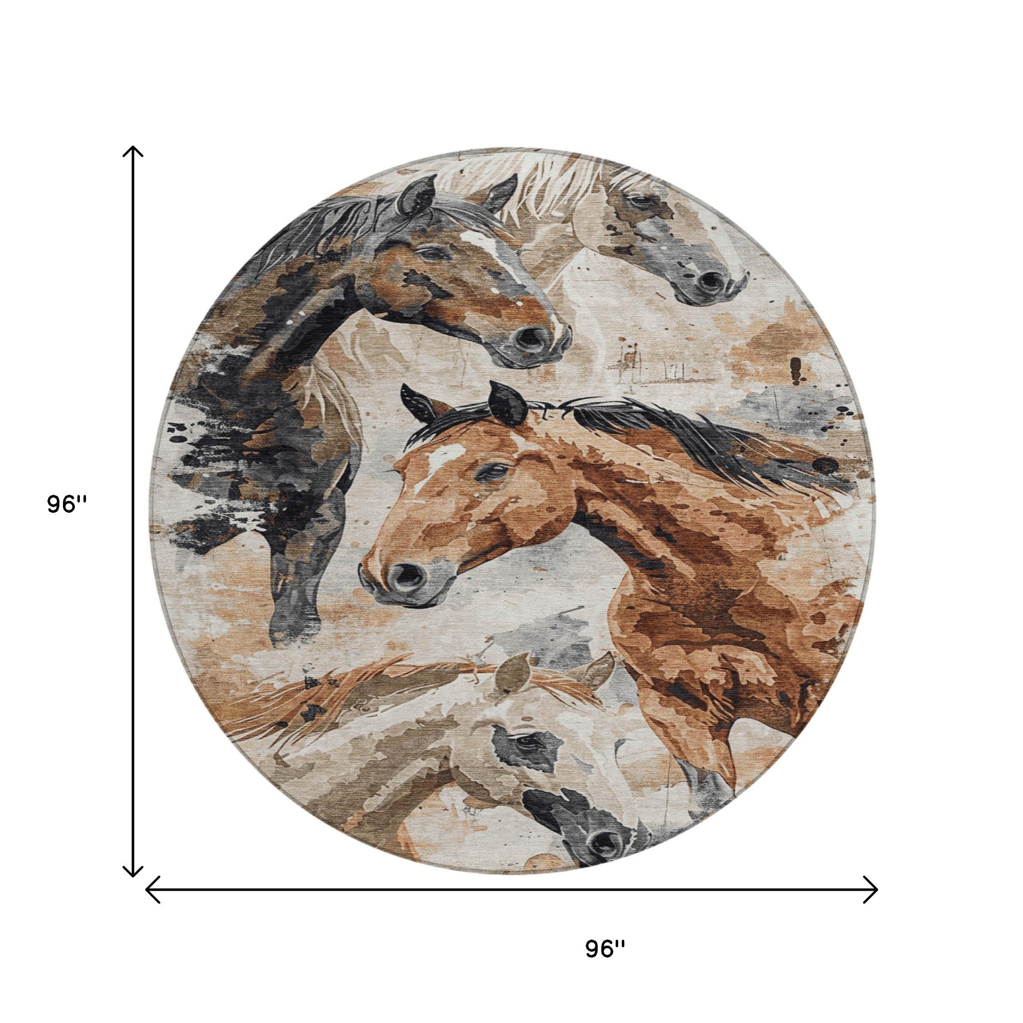 8' Beige Charcoal And Brown Round Horse Washable Indoor Outdoor Area Rug