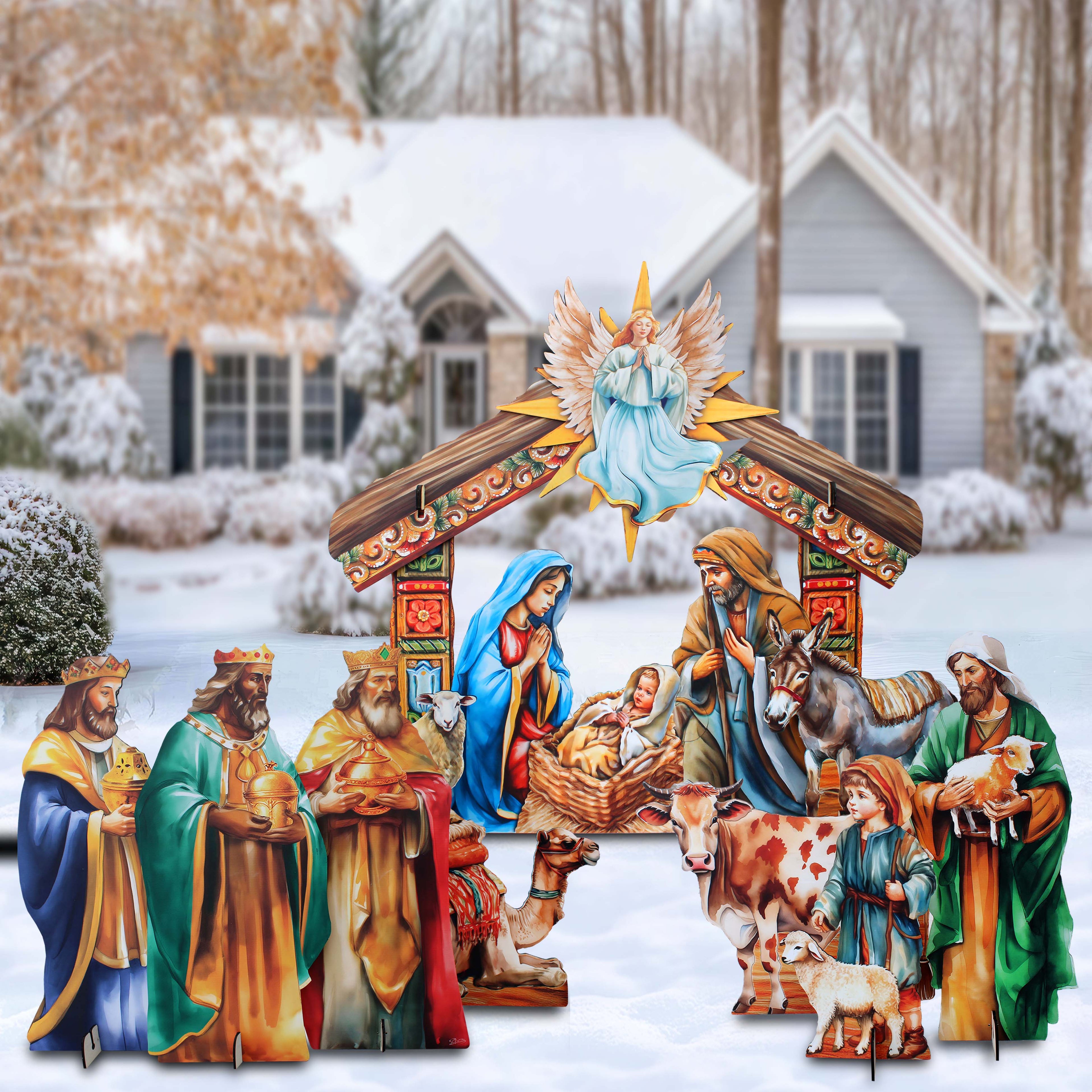 Life-Size Shepherds with Ox Outdoor - 3-Piece Set – Handcrafted Christmas Yard Display by G. DeBrekht - Nativity Holiday Decor - 8621038-3F-S3-XXLG