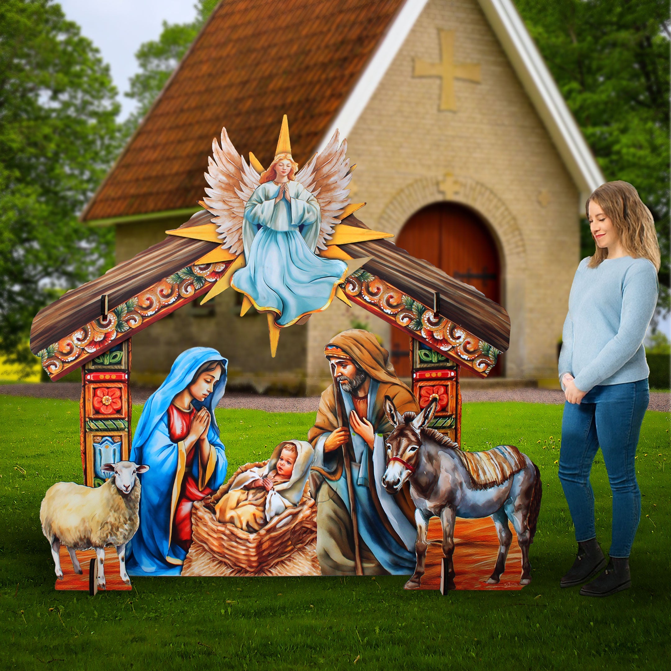 Life-Size Shepherds with Ox Outdoor - 3-Piece Set – Handcrafted Christmas Yard Display by G. DeBrekht - Nativity Holiday Decor - 8621038-3F-S3-XXLG