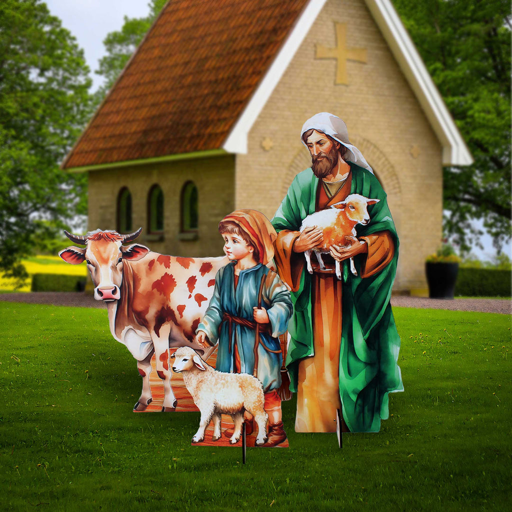Life-Size Shepherds with Ox Outdoor - 3-Piece Set – Handcrafted Christmas Yard Display by G. DeBrekht - Nativity Holiday Decor - 8621038-3F-S3-XXLG