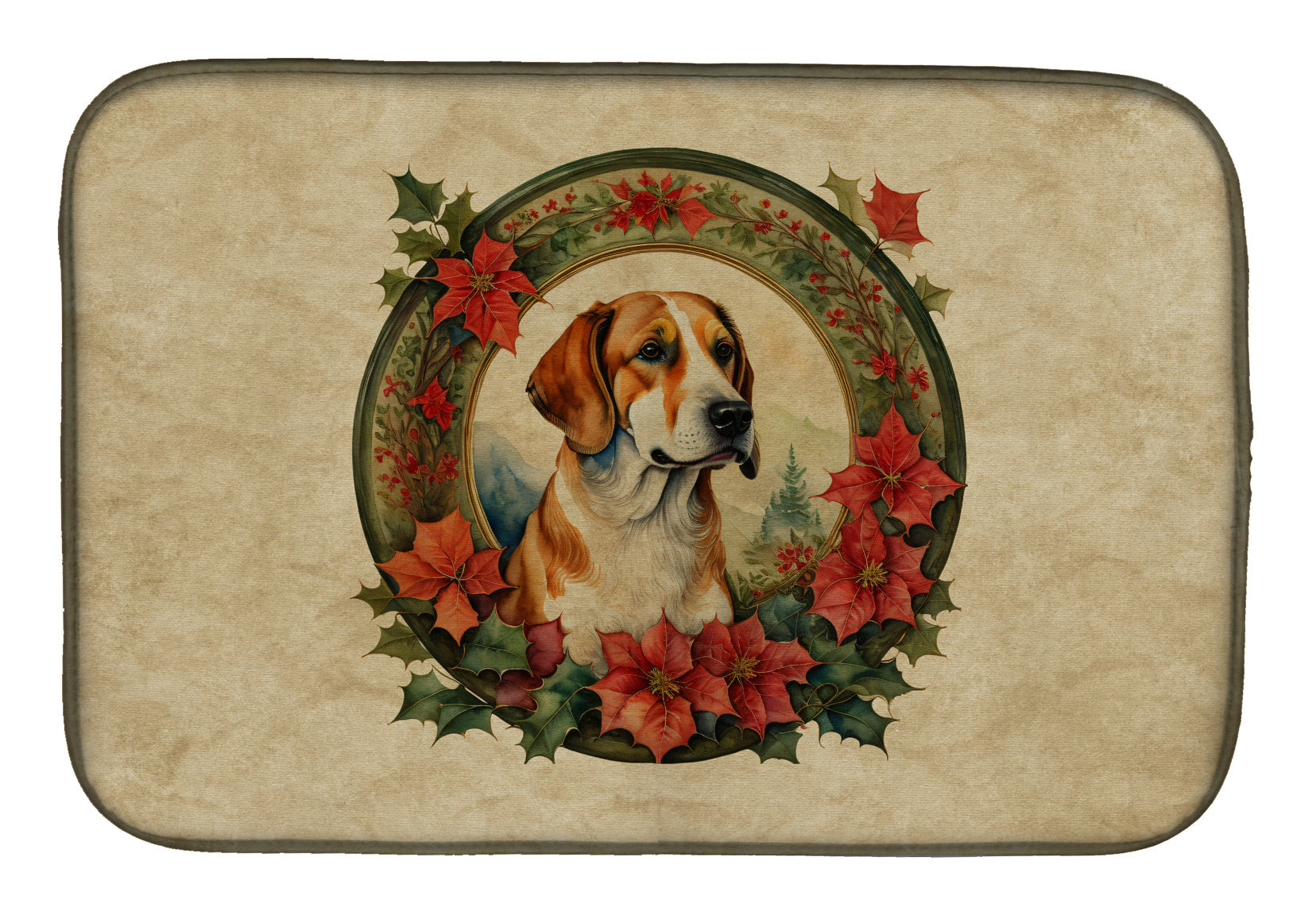 English Foxhound Christmas Flowers Dish Drying Mat