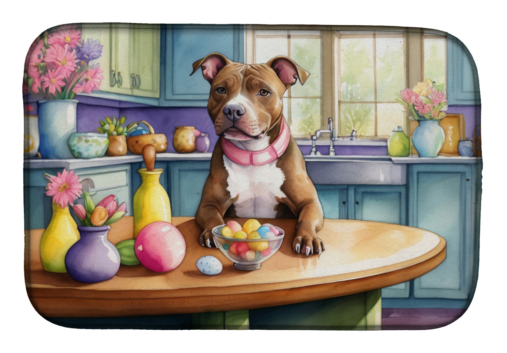 Decorating Easter Pit Bull Terrier Dish Drying Mat