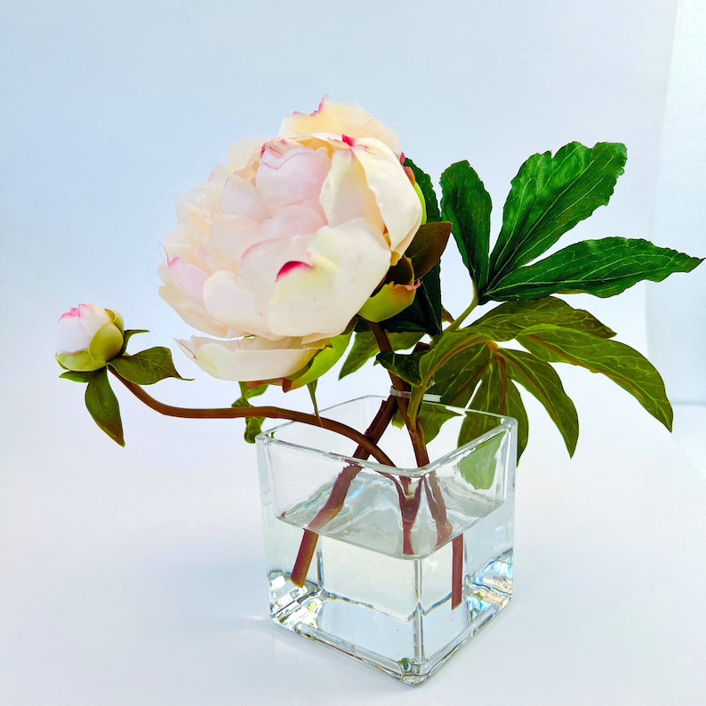 Peony Flower Arrangement in Glass Vase - 10"